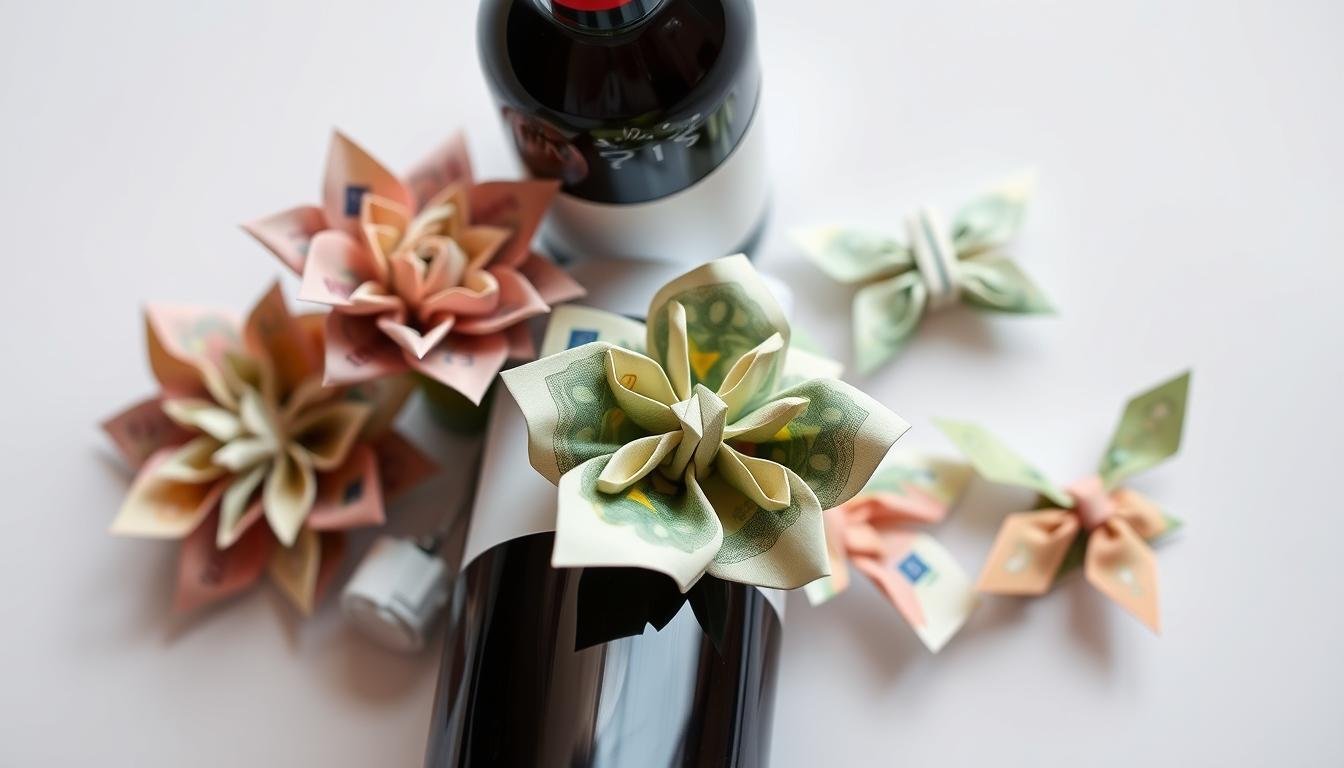 Gefaltete Geldscheine für ein Flasche Geldgeschenk Hochzeit