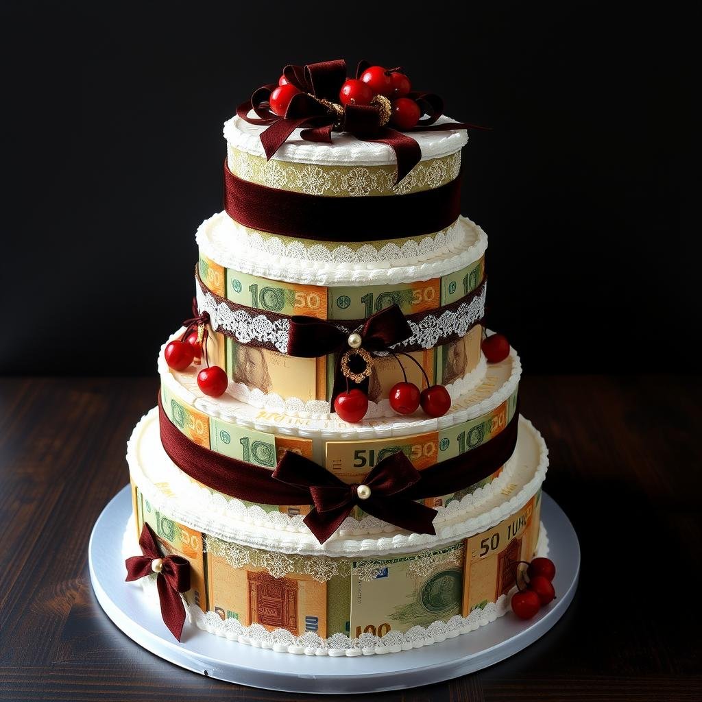 Geldgeschenk Torte im Schwarzwälder-Kirsch-Stil mit dunklen Bändern und roten Akzenten Geldgeschenk Torte im Schwarzwälder-Kirsch-Stil mit dunklen Bändern und roten Akzenten