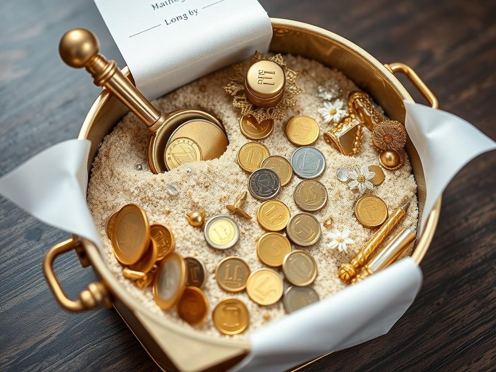 Geldgeschenk als Goldwaschen mit Sand und Münzen