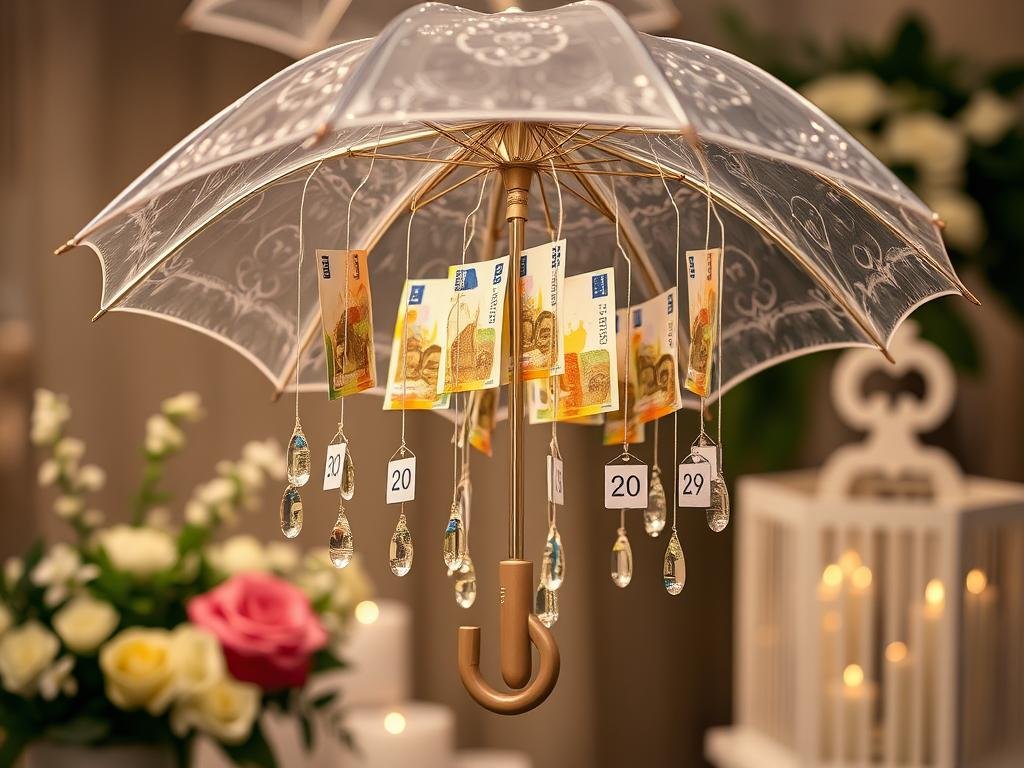 Geldgeschenk als Regenschirm mit Geldschein-Regen