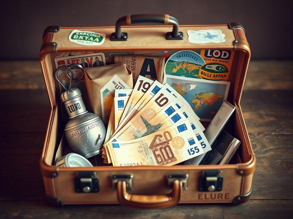 Geldgeschenk als Vintage-Koffer mit Reiseutensilien und Geld
