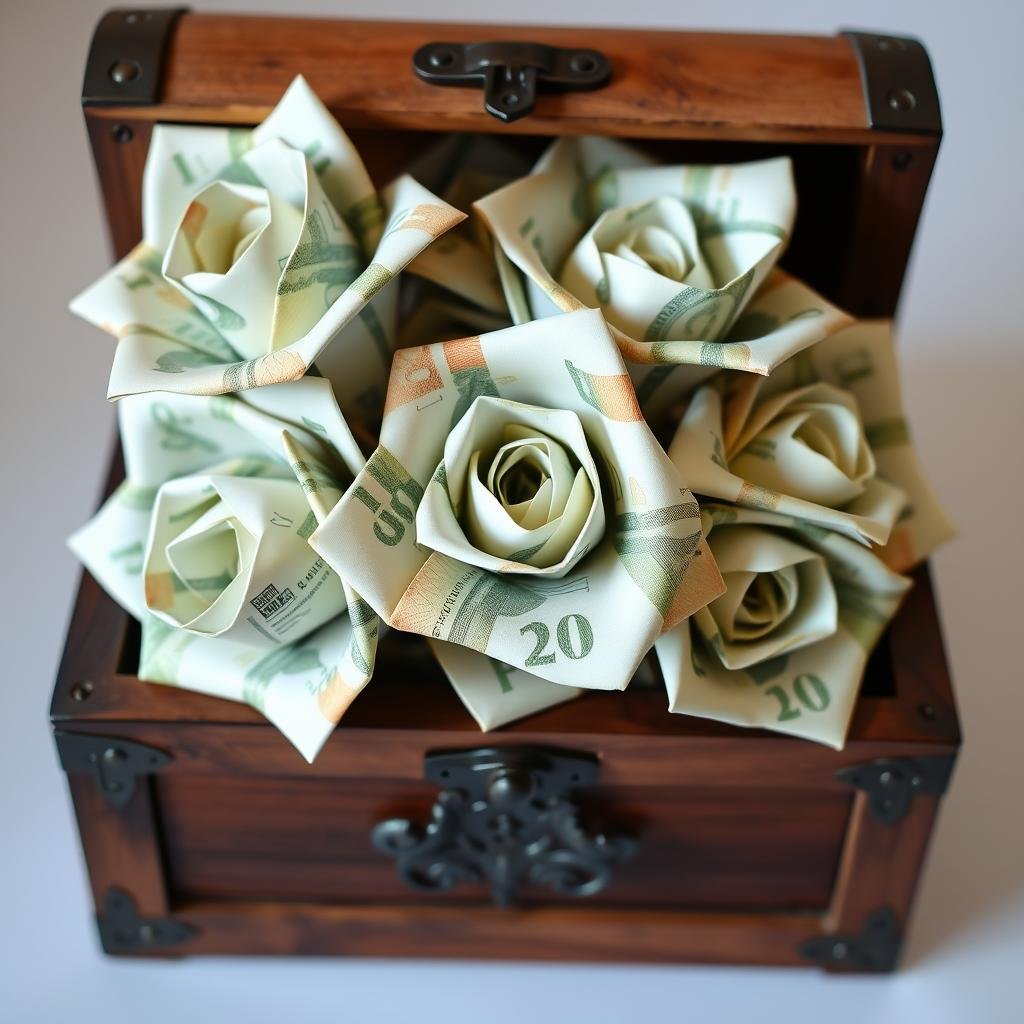 Geldscheine gefaltet als Rosen in einer Hochzeitsschatztruhe