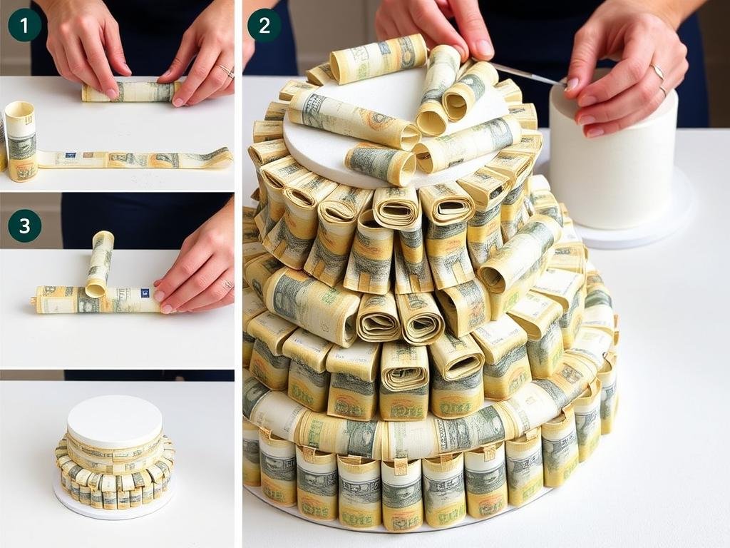 Geldscheine werden zu Rollen geformt und an der Geldtorte befestigt Geldscheine werden zu Rollen geformt und an der Geldtorte befestigt