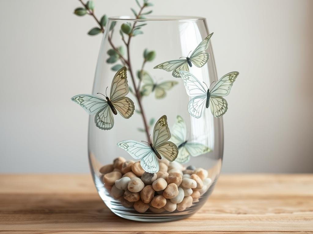 Geldschmetterlinge in einem dekorativen Glas mit Steinen und Zweigen Geldschmetterlinge in einem dekorativen Glas mit Steinen und Zweigen