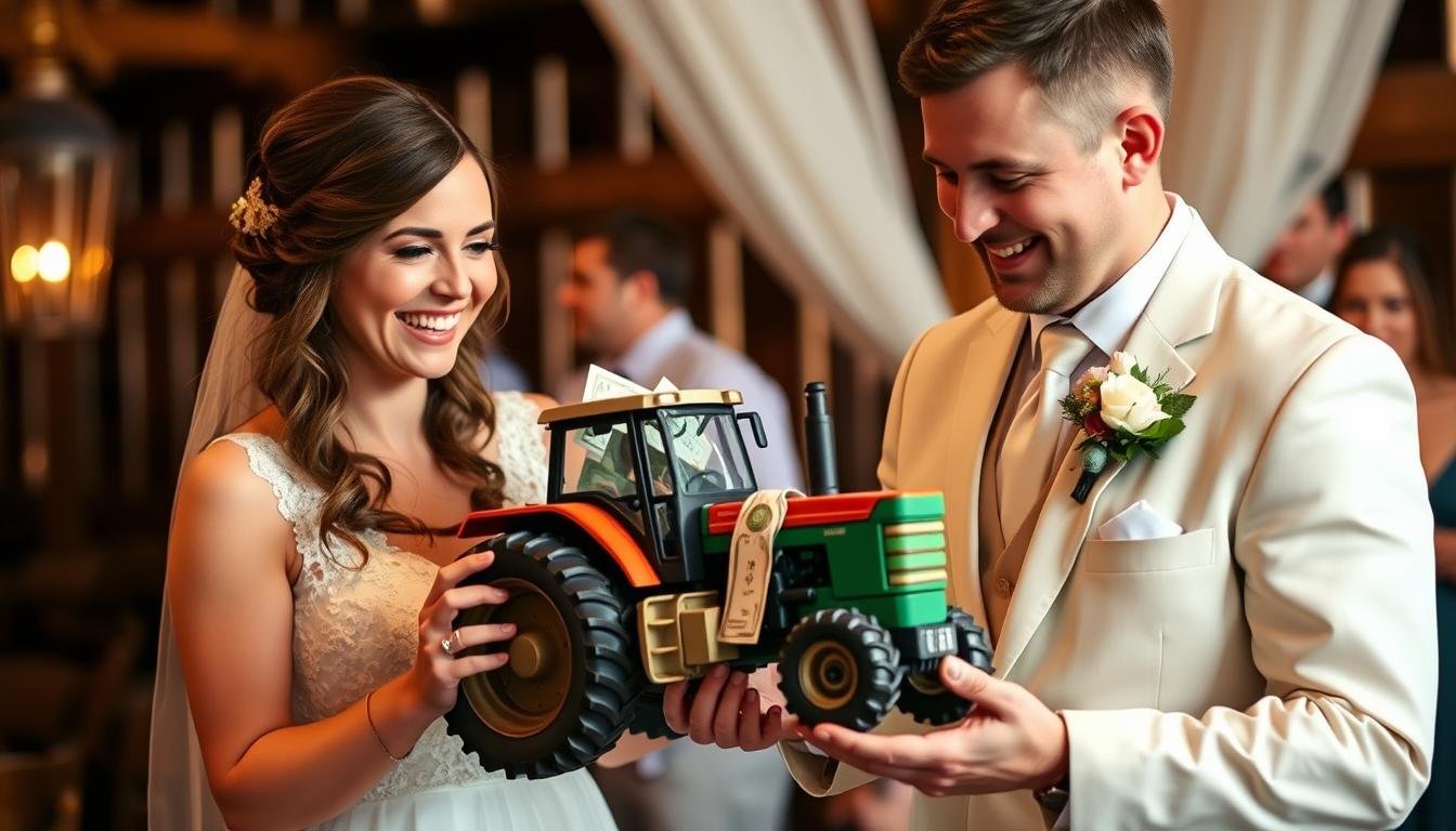 Glückliches Brautpaar erhält Geldgeschenk Hochzeit Traktor