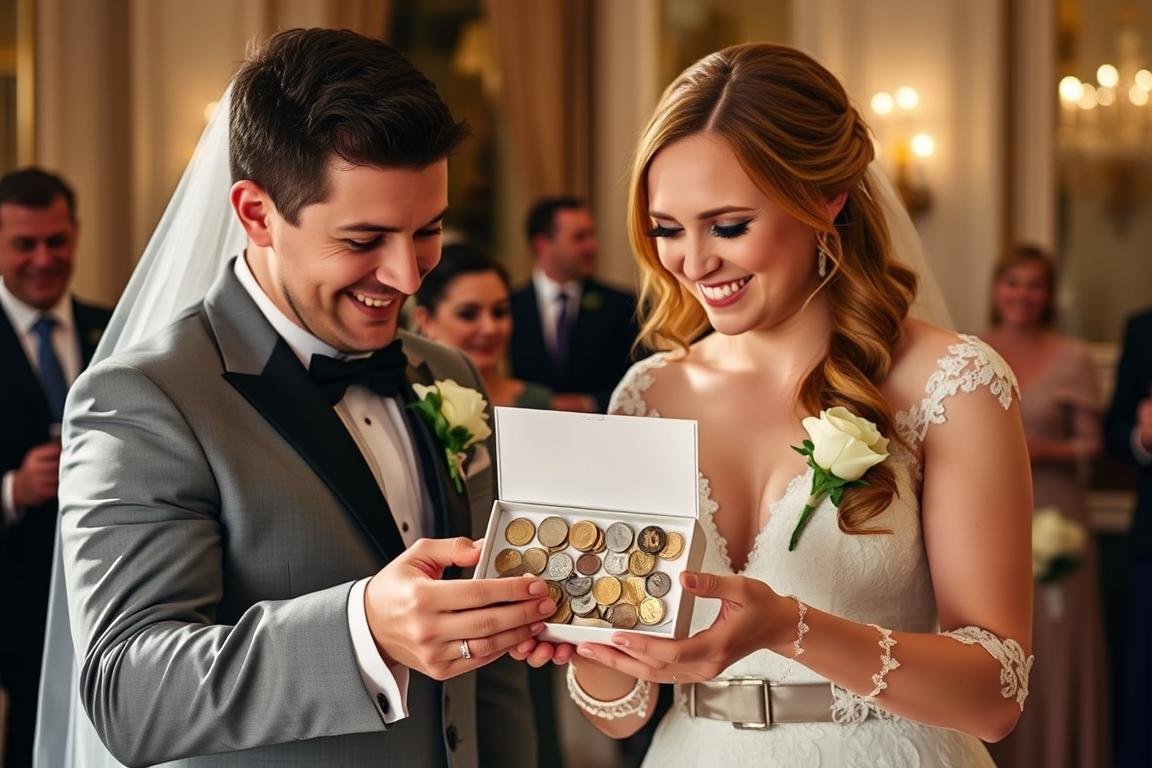 Glückliches Brautpaar erhält kreatives Münz-Geldgeschenk zur Hochzeit Glückliches Brautpaar erhält kreatives Münz-Geldgeschenk zur Hochzeit