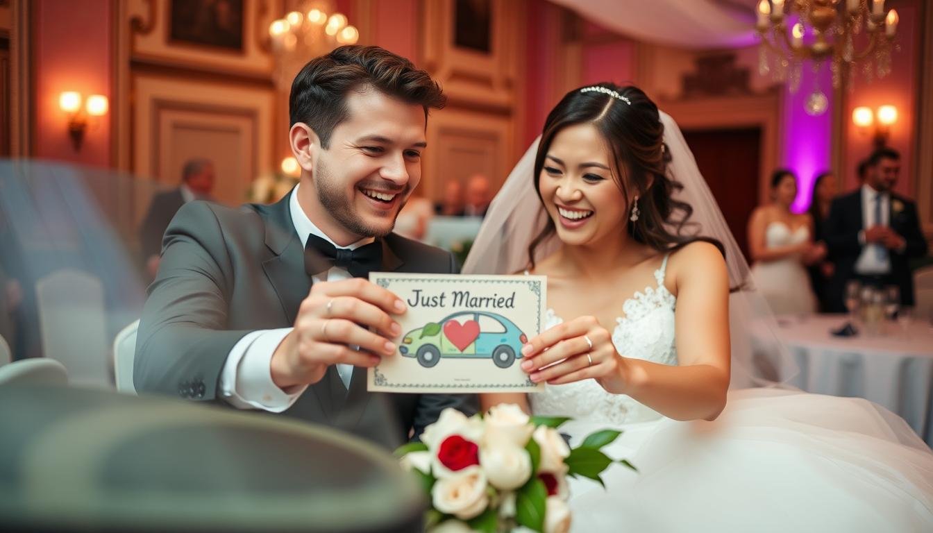 Glückliches Brautpaar mit Auto-Geldgeschenk Just Married
