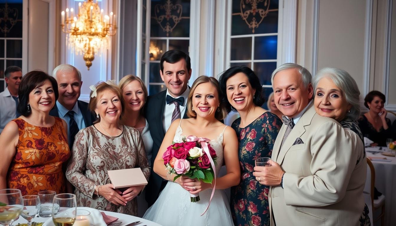 Glückliches Brautpaar mit Familie und Geldgeschenk Hochzeit Familie