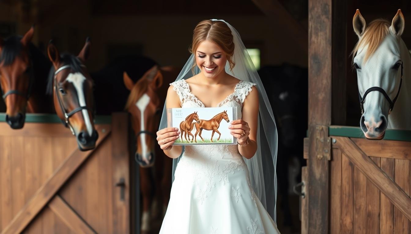 Glückliches Brautpaar mit Geldgeschenk Hochzeit Pferd und ihren Pferden