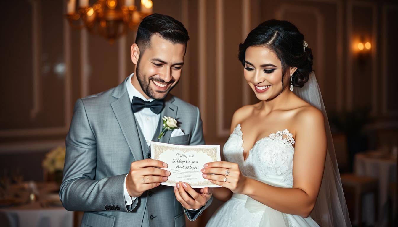 Glückliches Brautpaar mit Geldgeschenk Hochzeit