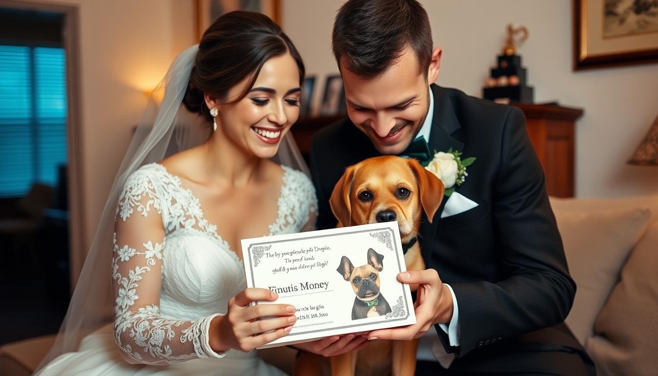 Glückliches Brautpaar mit Hund und kreativem Geldgeschenk