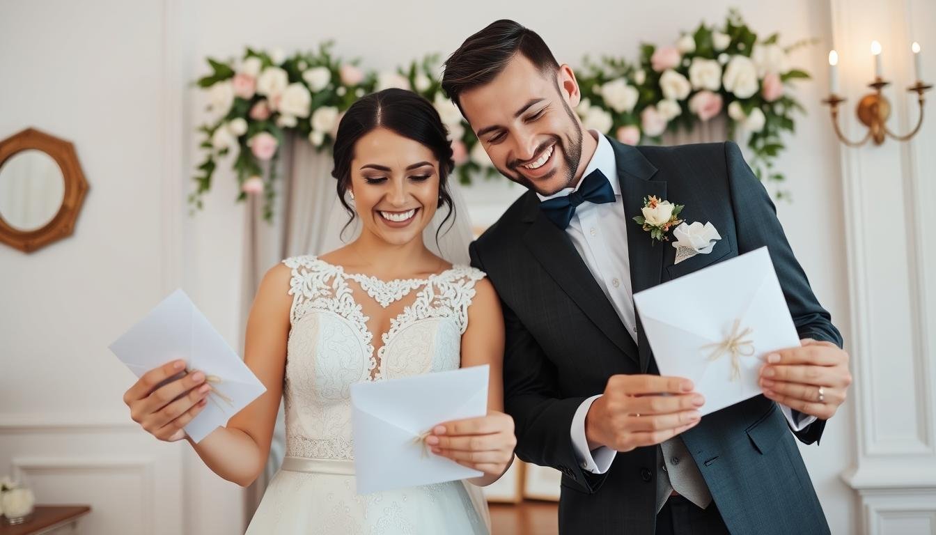 Glückliches Brautpaar mit angemessenem Geldgeschenk Hochzeit Höhe Glückliches Brautpaar mit angemessenem Geldgeschenk Hochzeit Höhe