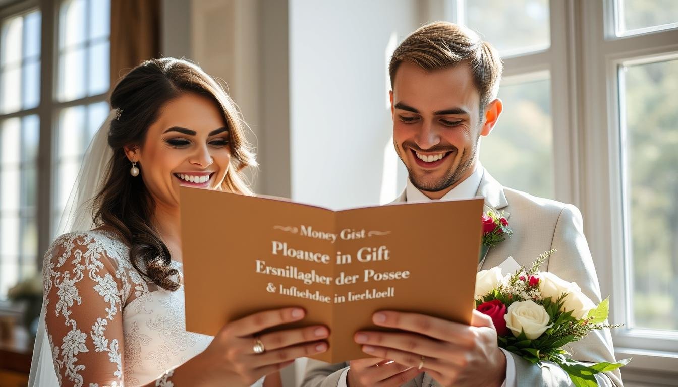 Glückliches Brautpaar mit eleganter Formulierung für Geldgeschenk Hochzeit Glückliches Brautpaar mit eleganter Formulierung für Geldgeschenk Hochzeit