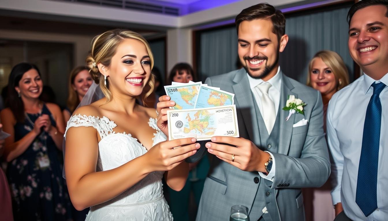 Glückliches Brautpaar mit kreativem Geldgeschenk Hochzeit Reise