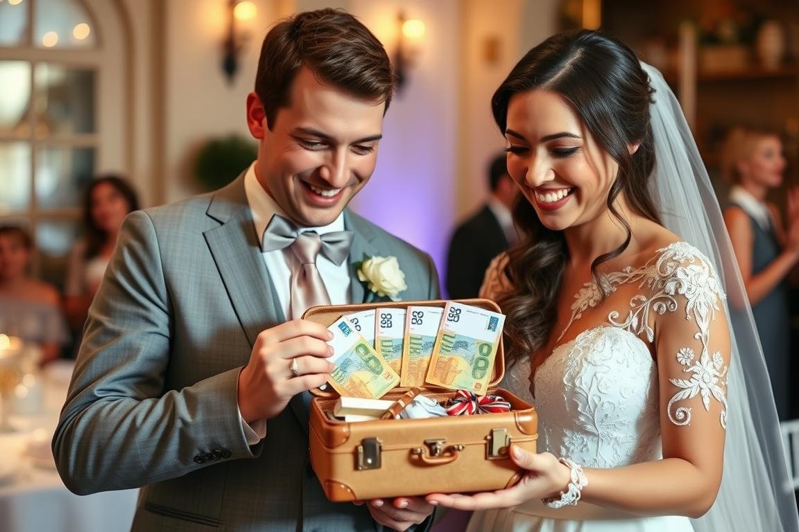 Glückliches Brautpaar öffnet Geldgeschenk Hochzeit Reise