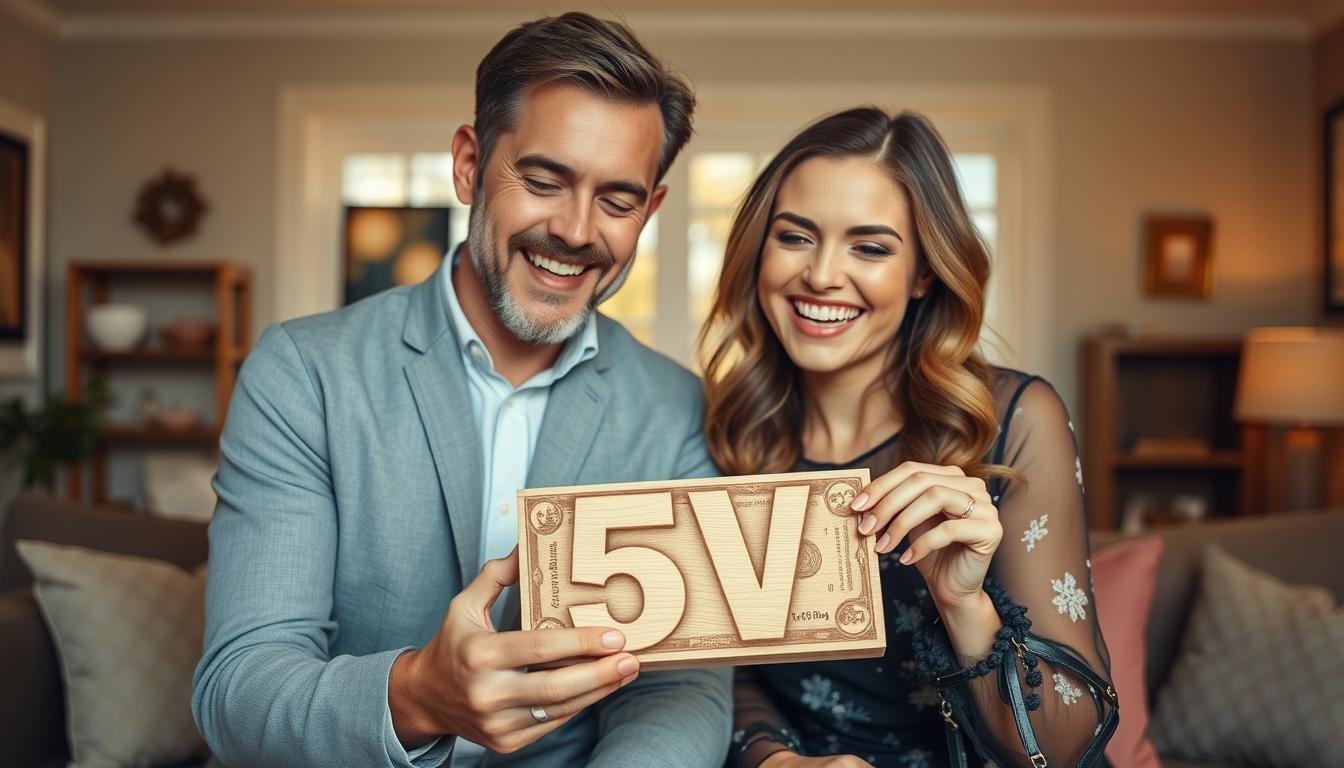 Glückliches Paar freut sich über ein kreatives Geldgeschenk zur hölzernen Hochzeit