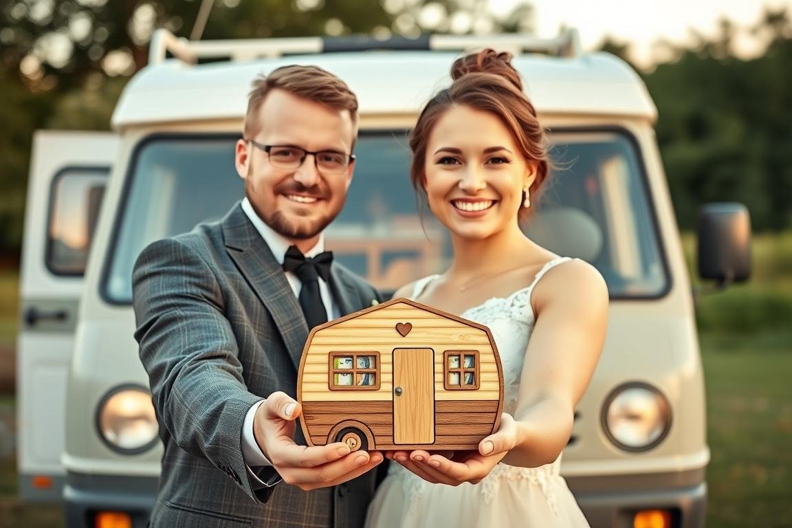 Glückliches Paar mit Geldgeschenk Hochzeit Camping vor ihrem Wohnmobil