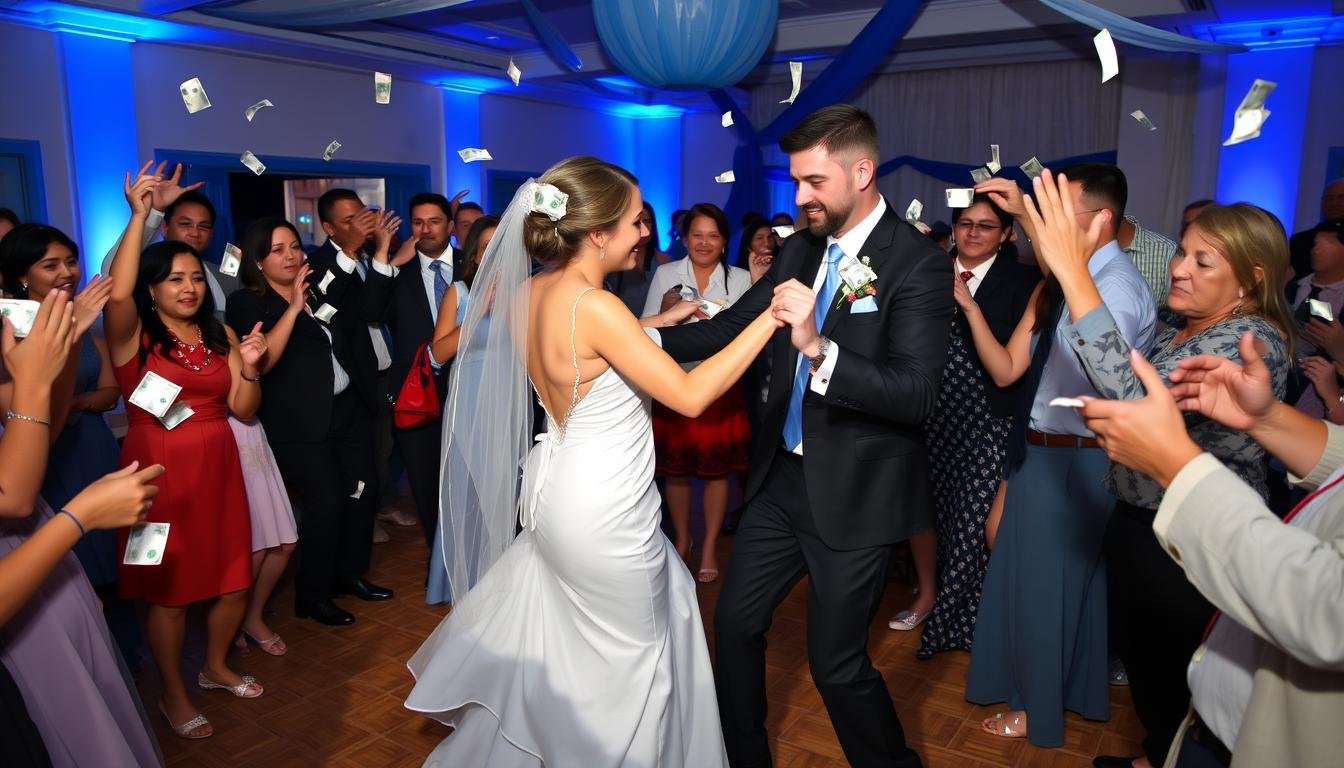 Griechischer Hochzeitstanz mit Geldgeschenken bei einer traditionellen Feier