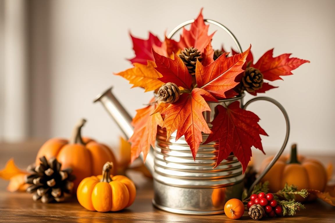 Herbst-Gießkanne Geldgeschenk mit Herbstlaub und warmen Farben für eine Hochzeit