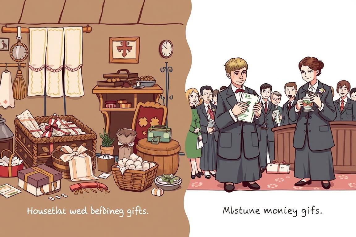 Historische Darstellung von Hochzeitstraditionen mit Geldgeschenk Hochzeit Spruch
