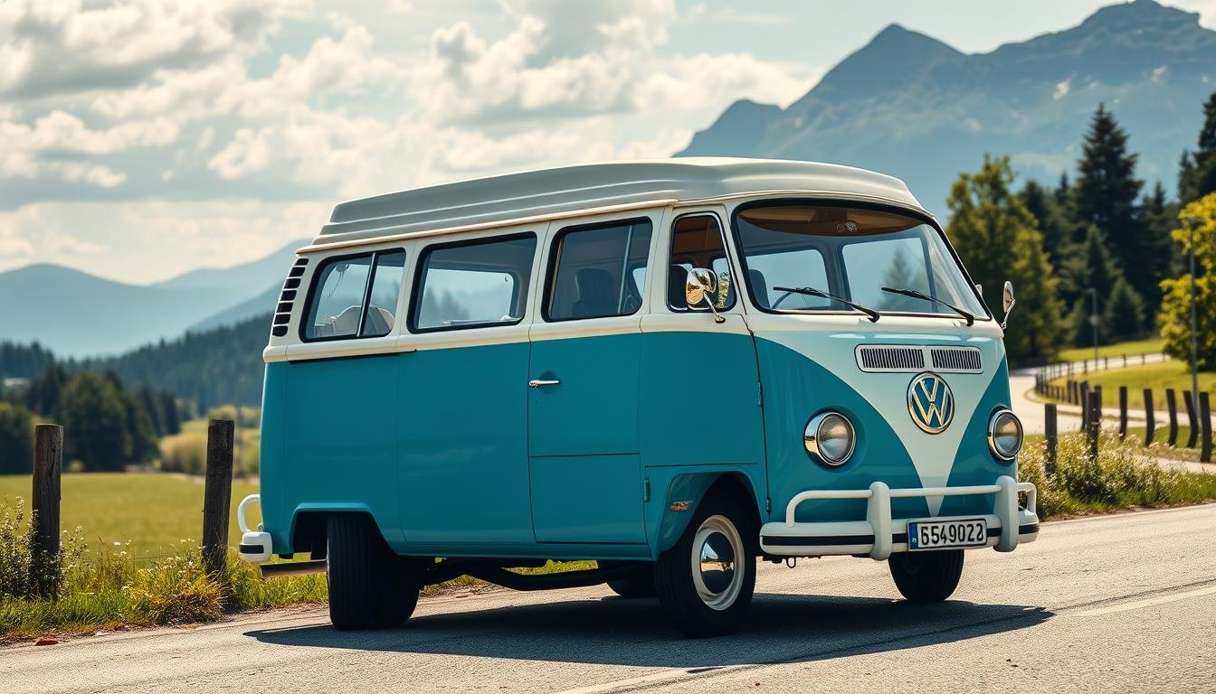 Historischer VW Bus T1 in klassischem Zweifarbdesign vor deutscher Landschaft