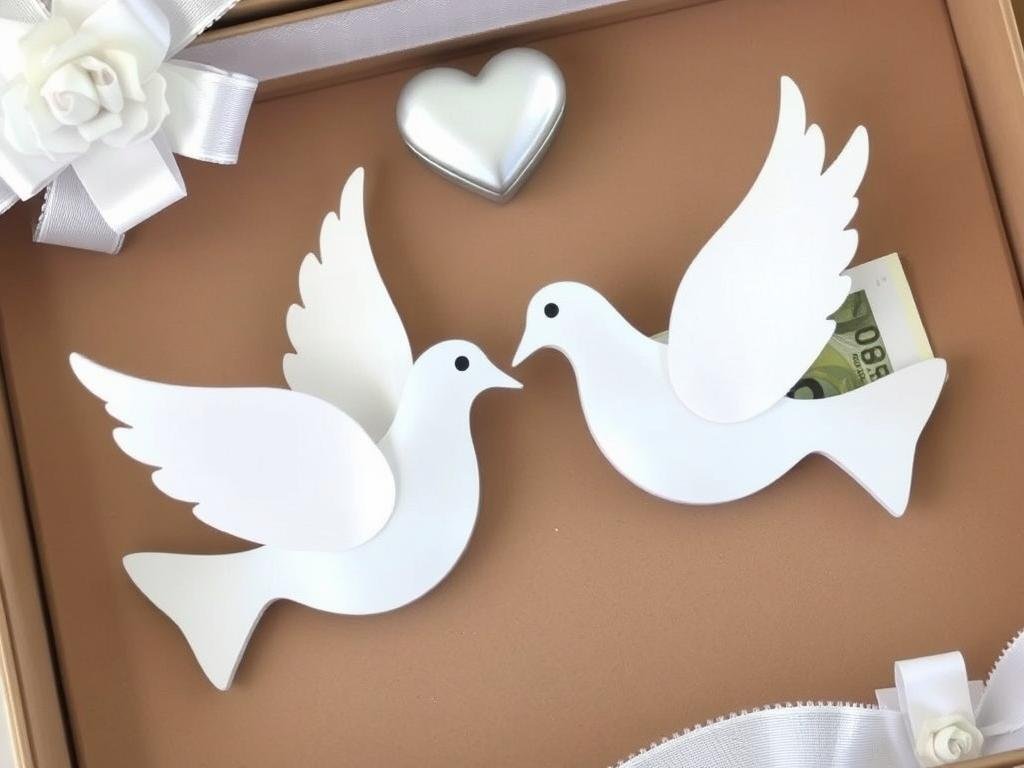 Hochzeitsgeldgeschenk mit Taubenpaar und versteckten Geldscheinen