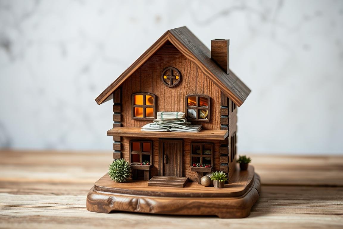 Holz-Miniaturhaus als Geldgeschenk Hochzeit Hausbau mit verstecktem Geldschein