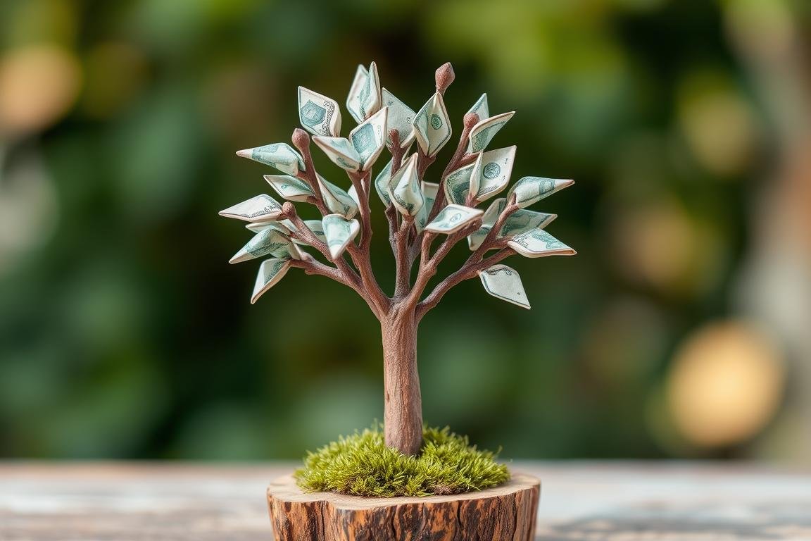 Holzbaum mit Geldscheinen als Blätter für die hölzerne Hochzeit