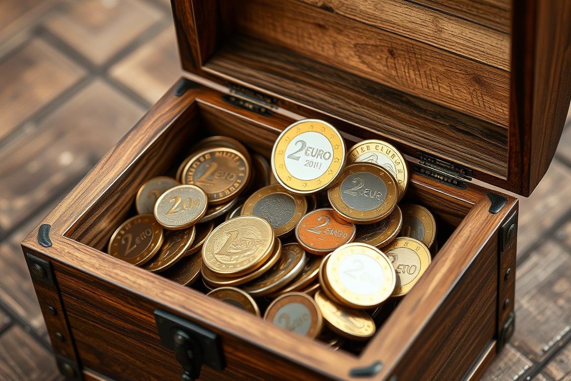 Holzschatztruhe gefüllt mit verschiedenen Euro-Münzen als Hochzeitsgeschenk Holzschatztruhe gefüllt mit verschiedenen Euro-Münzen als Hochzeitsgeschenk