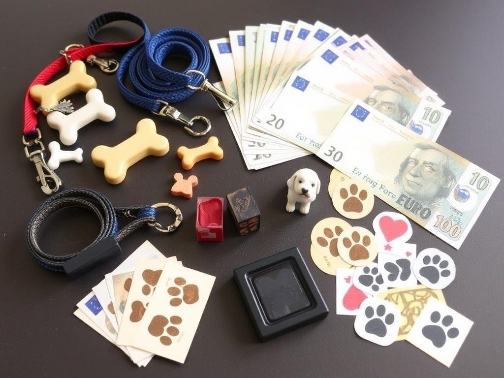 Hundespezifische Materialien für Geldgeschenke wie Leinen, Knochen und Pfoten-Stempel