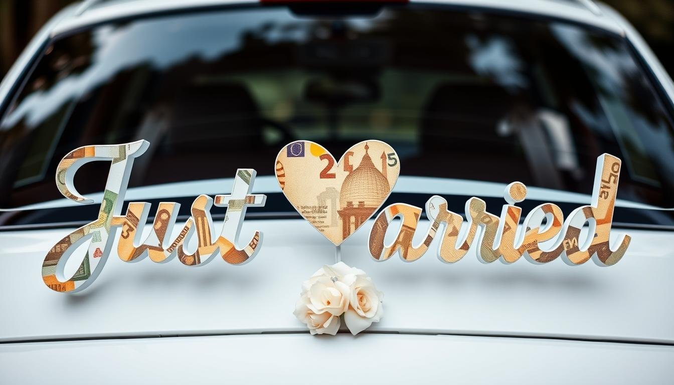 Just Married Schild mit integrierten Geldscheinen für Hochzeitsgeschenk