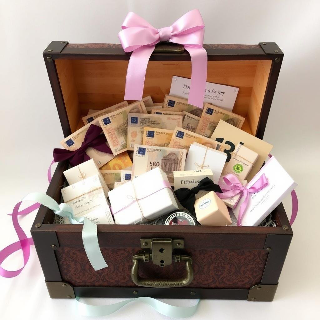 Kleine Geschenke und Gutscheine zusammen mit Geld in einer Hochzeitsschatztruhe