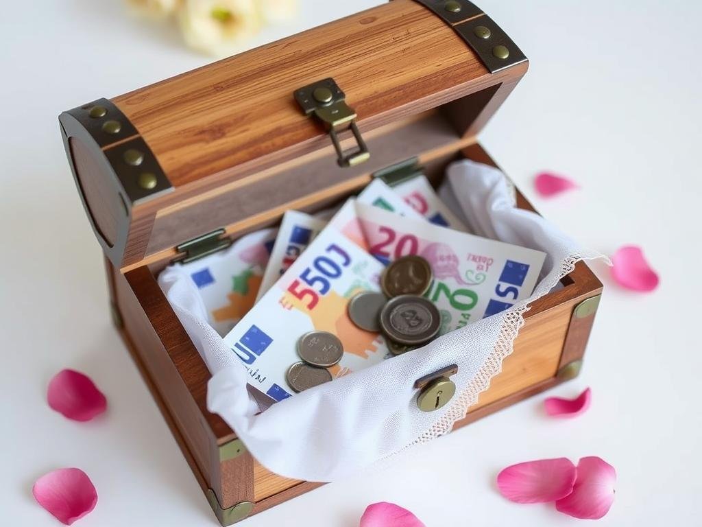 Kleine Schatztruhe als Geldgeschenk Hochzeit Box mit Münzen und Geldscheinen gefüllt Kleine Schatztruhe als Geldgeschenk Hochzeit Box mit Münzen und Geldscheinen gefüllt