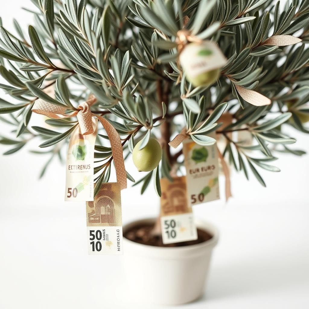 Kleiner Olivenbaum dekoriert mit Geldscheinen für Hochzeitsgeschenk
