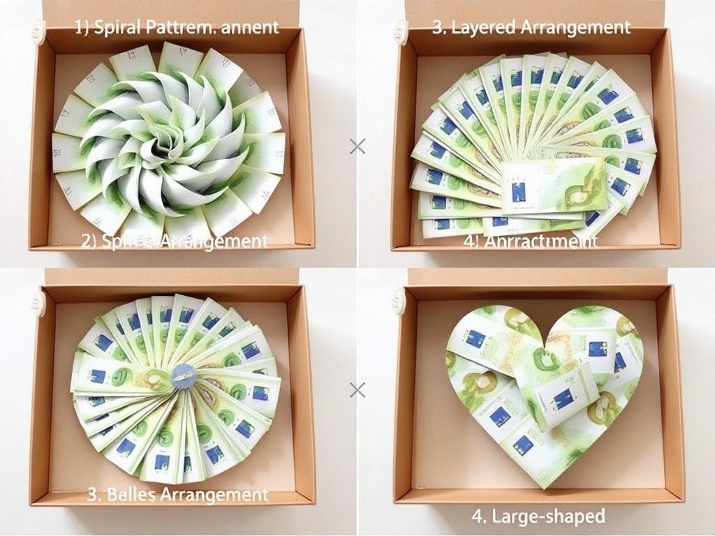 Kreative Anordnungsmuster für Geldscheine in der Geldgeschenk Hochzeit Box Kreative Anordnungsmuster für Geldscheine in der Geldgeschenk Hochzeit Box
