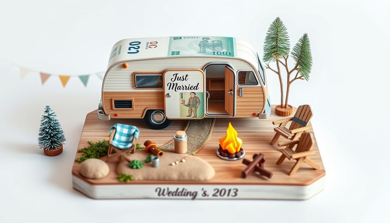 Kreatives Geldgeschenk Hochzeit Camping mit Miniatur-Wohnmobil und Geldscheinen