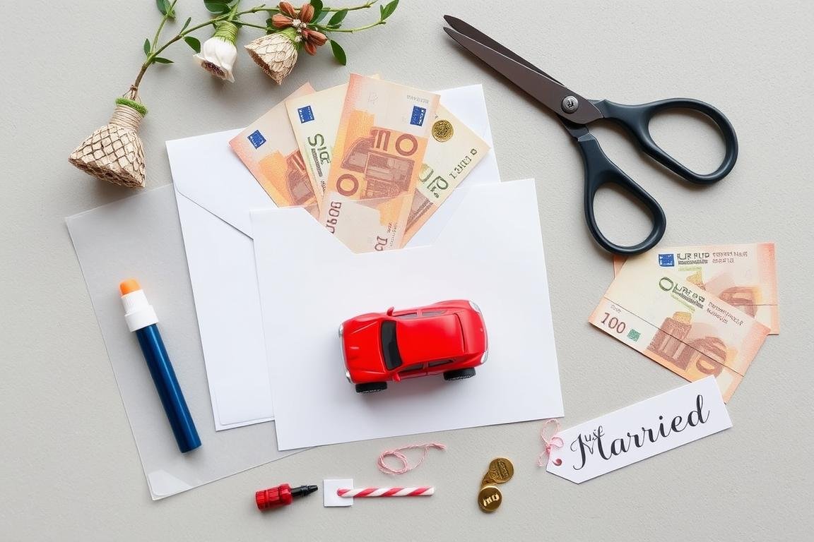 Materialien für DIY Auto Geldgeschenk mit Just Married Schild