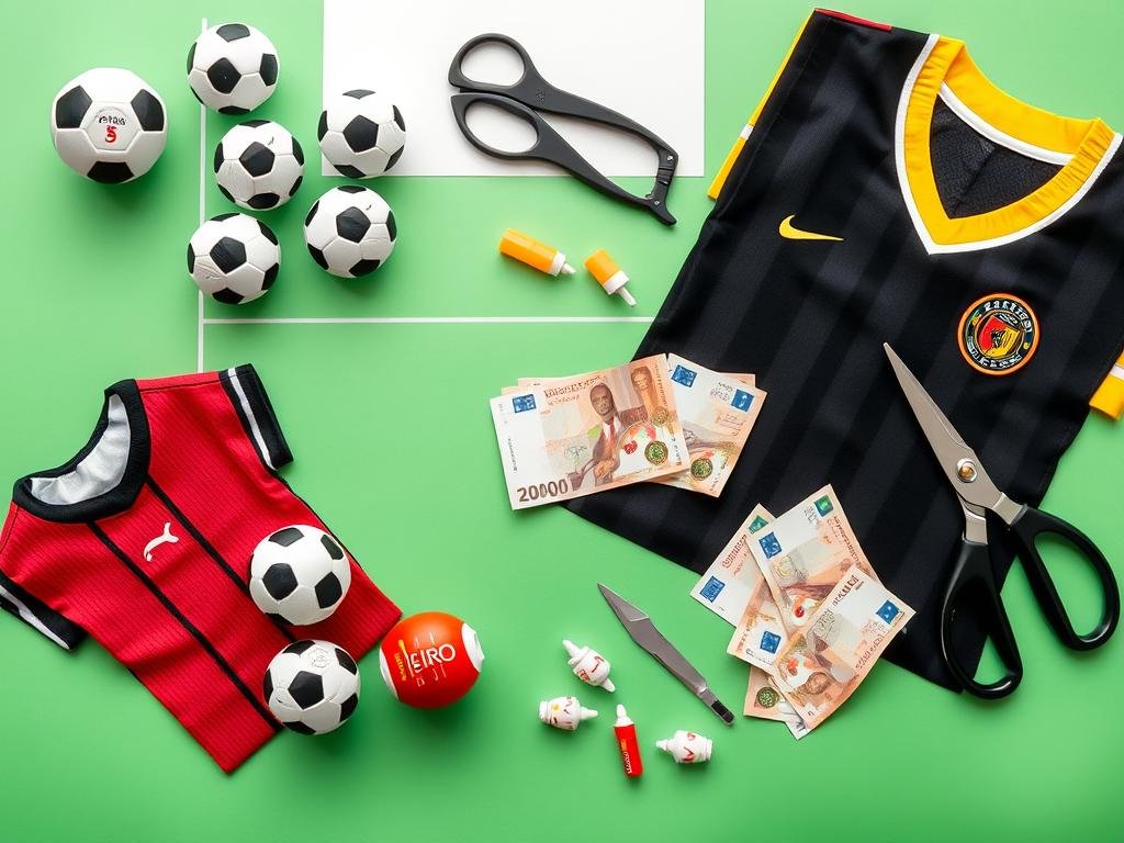 Materialien für Fußball-Geldgeschenk inklusive Mini-Fußball, Trikot-Stoff und Vereinsfarben
