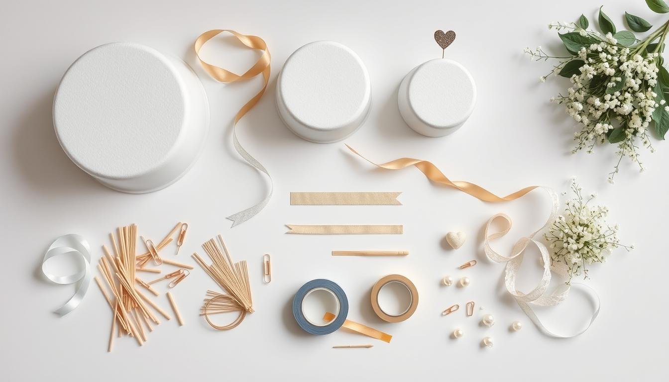 Materialien für eine Geldgeschenk Hochzeit Torte übersichtlich angeordnet Materialien für eine Geldgeschenk Hochzeit Torte übersichtlich angeordnet