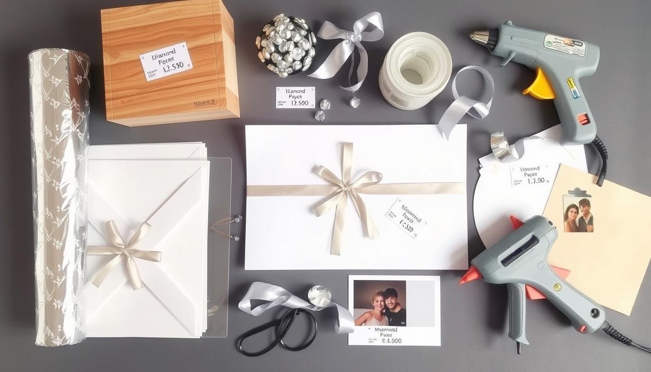 Materialliste für Geldgeschenk zur Diamantenen Hochzeit mit Diamantfolie, Holzschatulle, Perlenpapier und Dekodiamanten