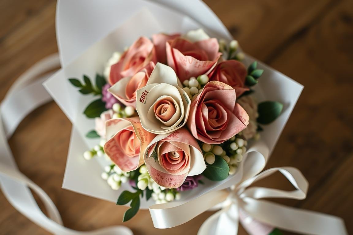 Mini-Brautstrauß mit Geldscheinen als originell geldgeschenk hochzeit Mini-Brautstrauß mit Geldscheinen als originell geldgeschenk hochzeit