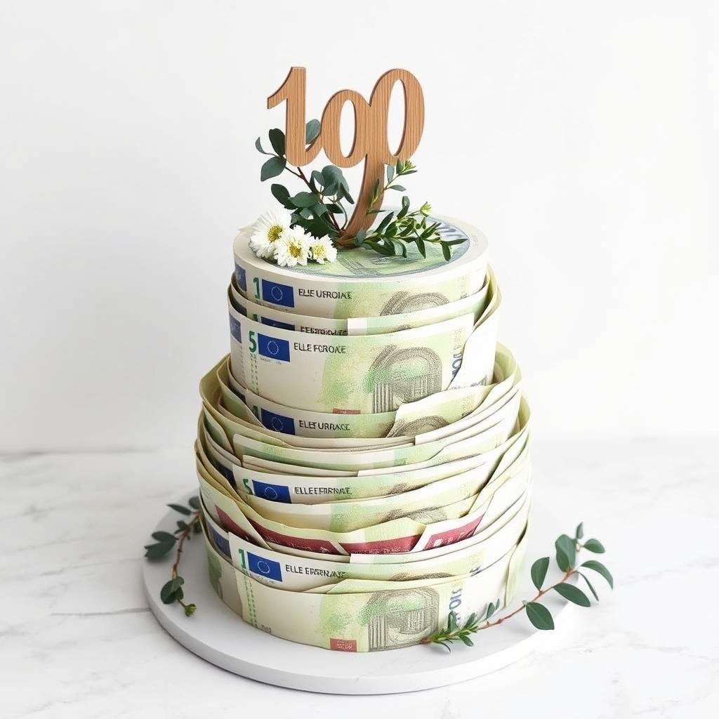 Moderne Geldtorte im Naked-Cake-Stil mit sichtbaren Geldscheinen und minimalistischer Dekoration Moderne Geldtorte im Naked-Cake-Stil mit sichtbaren Geldscheinen und minimalistischer Dekoration