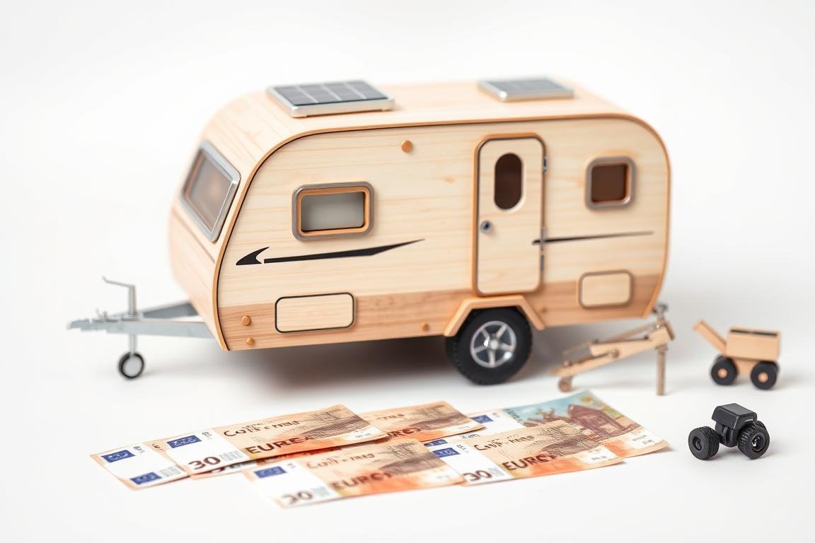 Moderner Wohnwagen als Geldgeschenk Hochzeit Camping mit technischen Details