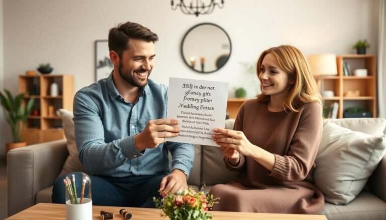 Modernes Brautpaar öffnet Geldgeschenk Einladung Hochzeit