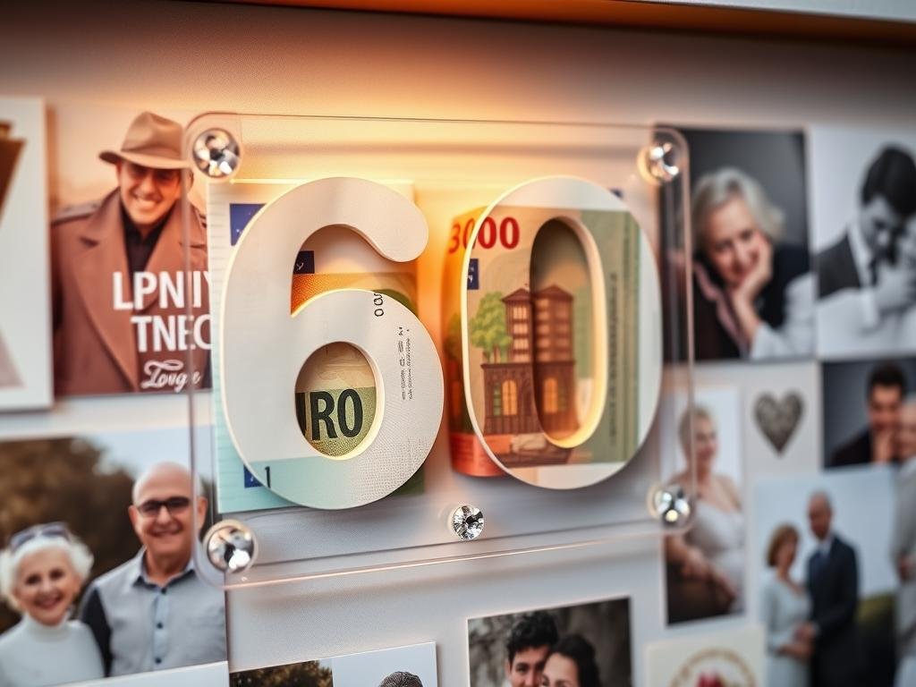 Nahaufnahme der Geldintegration in die 60-Jahre-Zeitleiste zur Diamantenen Hochzeit