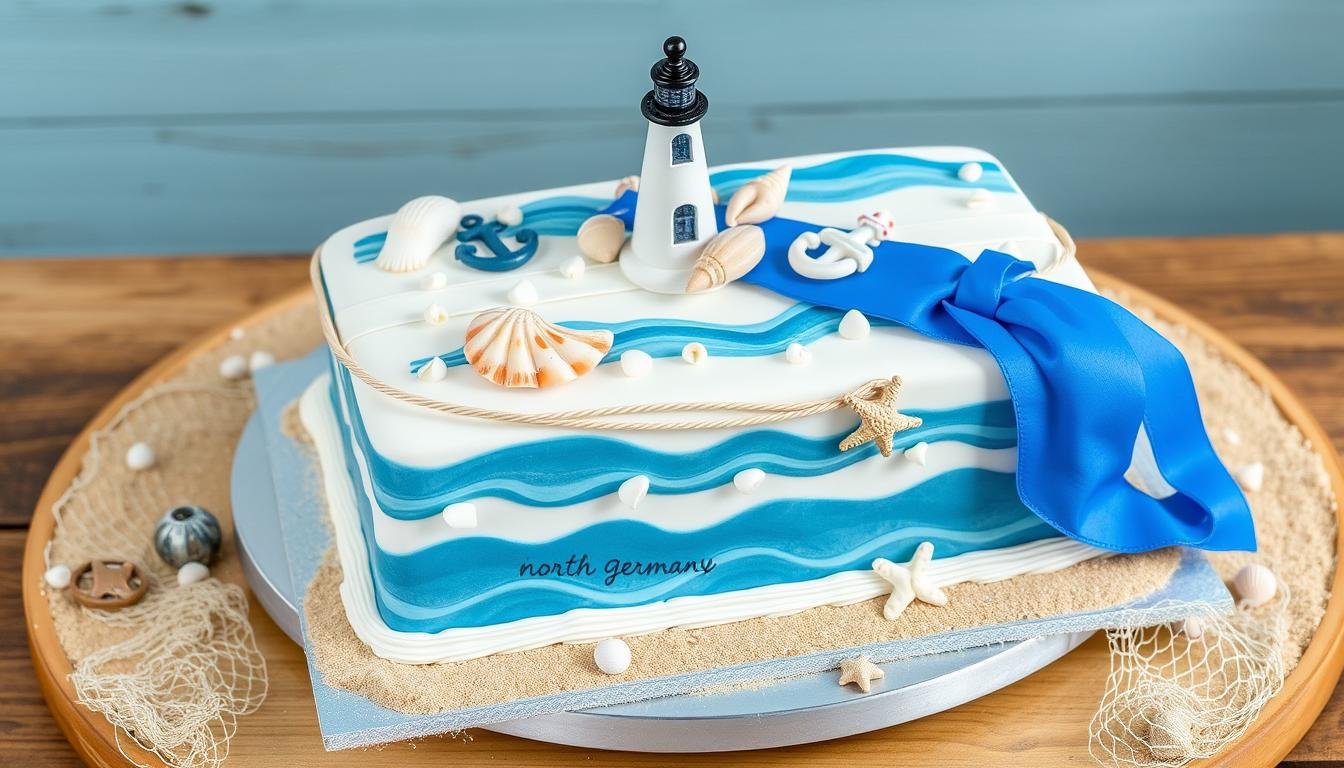 Norddeutsche Geldtorte mit maritimen Elementen wie Muscheln und blau-weißen Farben Norddeutsche Geldtorte mit maritimen Elementen wie Muscheln und blau-weißen Farben