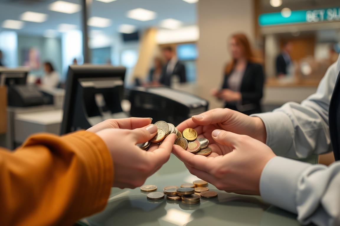 Person erhält spezielle Münzen für Hochzeitsgeschenk am Bankschalter Person erhält spezielle Münzen für Hochzeitsgeschenk am Bankschalter