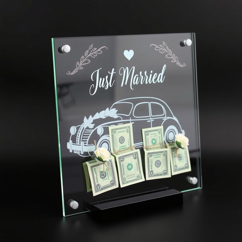 Personalisierte Acryltafel mit Just Married Auto für Geldgeschenke