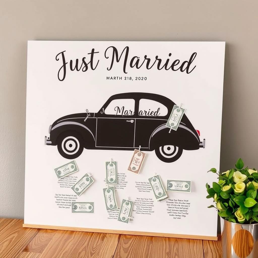 Personalisiertes Poster mit Auto Just Married Geldgeschenk
