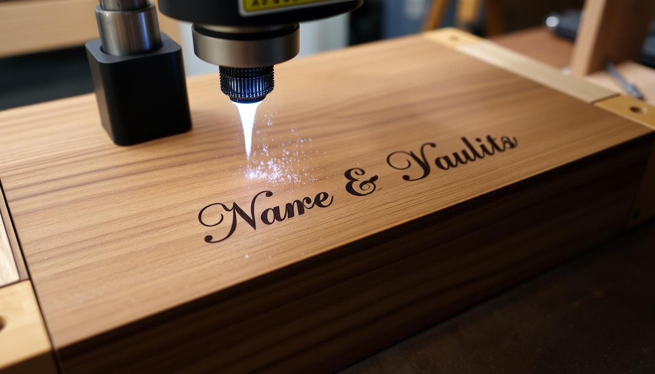 Personalisierungsprozess einer Schatztruhe mit Gravur für Hochzeitsgeldgeschenk